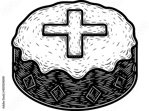 Traditional Vasilopita Cake Woodcut Style Vector Illustration for New Year Celebration, with Cross and Ornamental Details