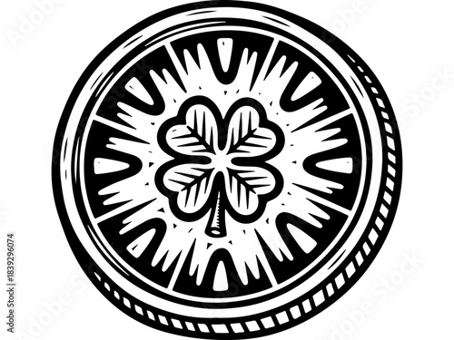 Traditional Woodcut Style Four Leaf Clover Coin Vector Icon Design for Good Luck, New Year & Vasilopita