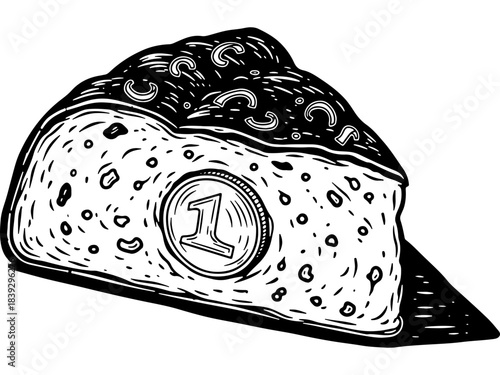 Traditional Vasilopita New Year's cake slice with lucky coin, woodcut style vector illustration for Greek and Cypriot celebrations.