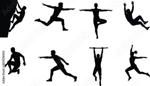 Extreme Sports Fitness and Movement Silhouettes: Vector Collection of Athletes in Action, including Rock Climbing, Parkour, Running, and Balance Poses.