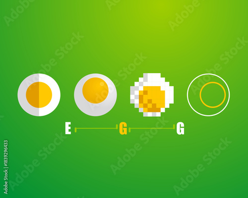 Minimal green background illustration showing the evolution of a fried egg from flat to pixelated style, arranged in a sequence with simple typography.