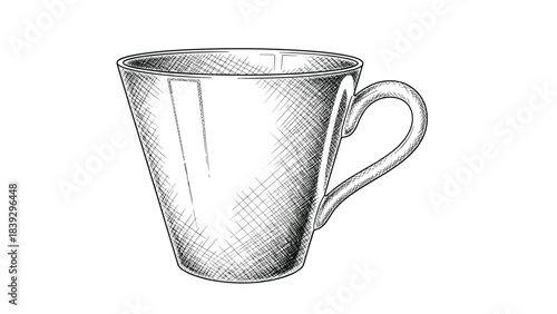 Hand-drawn sketch of a classic coffee or tea cup in a detailed black and white vintage engraving style isolated on a plain white background.