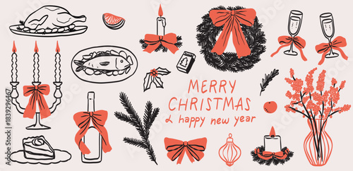 Retro whimsical vintage new year home decor set in doodle line art print style. Christmas whimsy decorations with bow, ribbons, candles. Hand drawn ink winter holiday party invitation card elements.