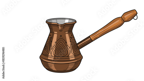 Hand-drawn vintage illustration of a traditional copper Turkish coffee pot, or cezve, with a wooden handle, isolated on a white background.