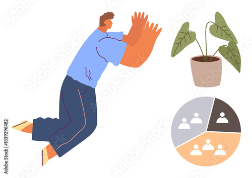 Man in action showcasing energy, green potted plant, segmented circle with team figures. Ideal for teamwork, balance, nature, sustainability, motivation collaboration growth. Simple flat metaphor
