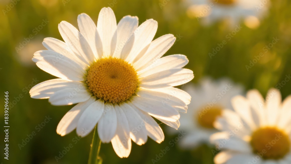 Fototapeta premium White daisy flower blooming in a green field dramatically backlit by warm golden hour sunlight.
