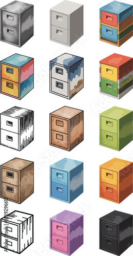 Set of 15 different style filing cabinet icons, isolated on white background