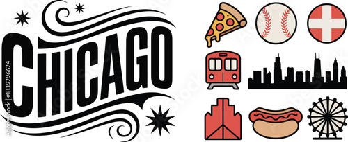 Chicago typography and icons set city landmarks, food, and symbols collection