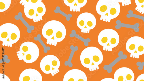 Fun and cute seamless halloween pattern with cartoon white skulls and crossbones on a bright orange background for kids' party decorations.