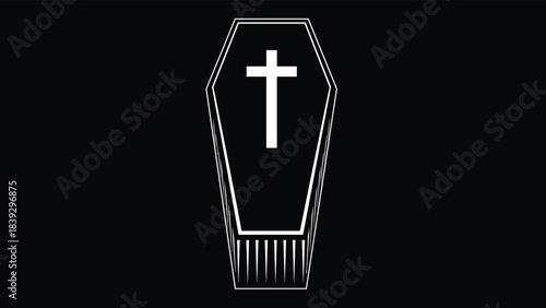 Minimalist gothic icon of a white outline coffin with a cross on the lid, presented on a solid black background for halloween or horror themes.