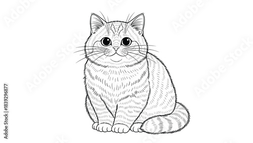 Detailed hand-drawn sketch of a cute and fluffy sitting cat in a black and white line art style, isolated on a clean white background.