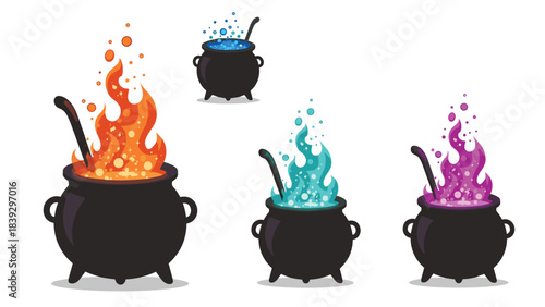 A colorful set of cartoon witch cauldrons boiling with magical potions in orange, blue, turquoise, and purple isolated on a clean white background.