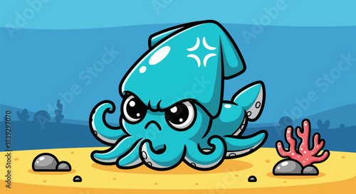 Cute cartoon squid with an angry expression underwater.
