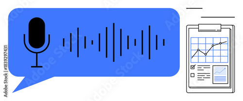 Voice recognition, data analysis, communication, technology, business insights, productivity. Includes a microphone symbol and soundwaves next to a clipboard with charts. Voice recognition and data