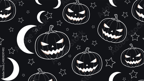 Spooky seamless halloween pattern with hand-drawn scary jack-o'-lanterns, crescent moons, and stars on a dark black night sky background.