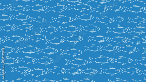 Seamless nautical background pattern with rows of simple, white outline fish swimming in unison across a vibrant blue backdrop for textile design.