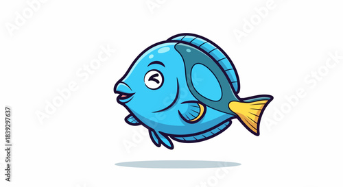 Cute Blue Tang Fish Cartoon Illustration Swimming Happily.