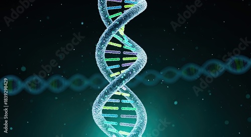 Vibrant glowing double helix DNA strand symbolizing genetic code and molecular biology research on a dark background with ethereal particles representing scientific advancements and biotechnology