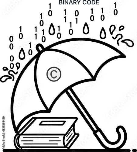 The umbrella protects the book from binary code rain. The concept of intellectual property and copyright protection (books) from data and binary code (rain) generated by a neural network (AI). 