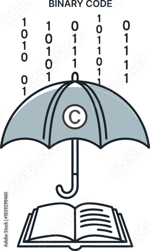 The umbrella protects the book from binary code rain. The concept of intellectual property and copyright protection (books) from data and binary code (rain) generated by a neural network (AI). 