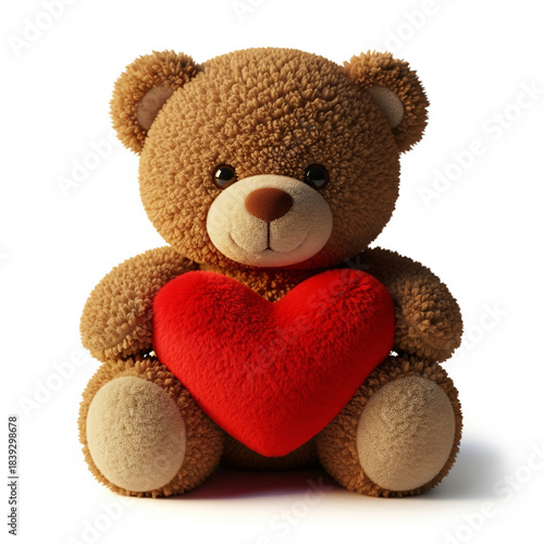 Adorable fluffy brown teddy bear hugging a vibrant red heart, perfect for expressing love and affection on special occasions