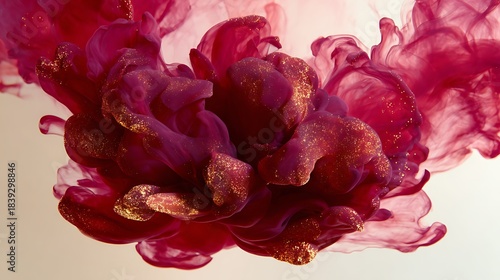 Abstract red and gold ink cloud creating a luxurious and mesmerizing effect in a fluid dynamic design