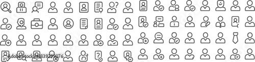 A comprehensive set of outline icons representing various user actions, profiles, and people-related concepts for web and app interfaces.