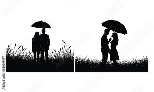 Romantic couple silhouettes with umbrella standing in grass on white background