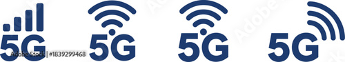 Four different blue 5g icons representing wireless internet connection and signal strength