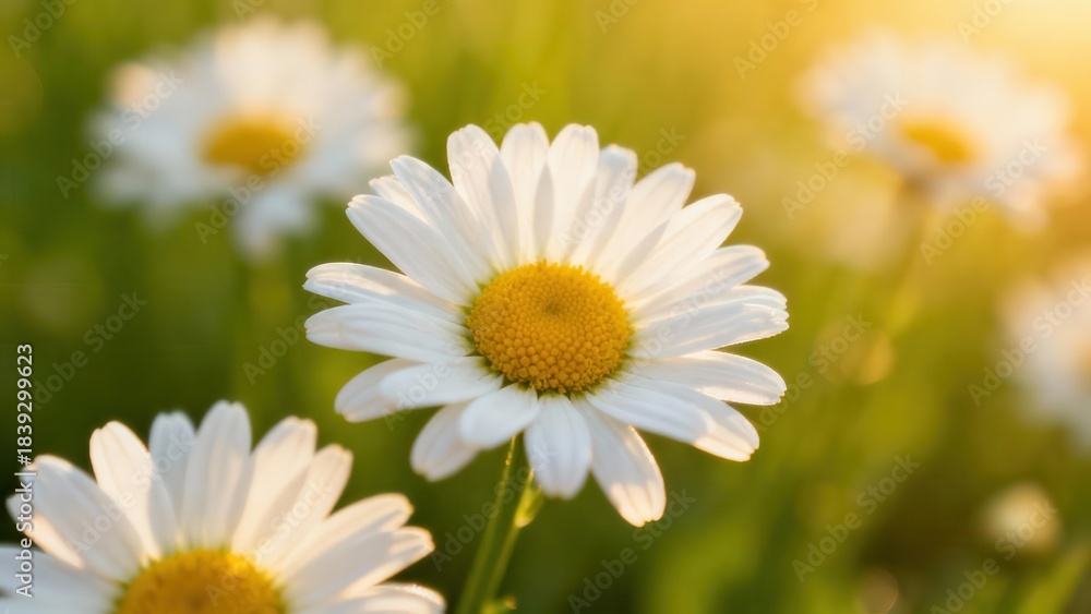 Fototapeta premium Oxeye daisy flowers featuring white petals and bright yellow disks illuminated by intense golden hour sunlight in a green meadow.
