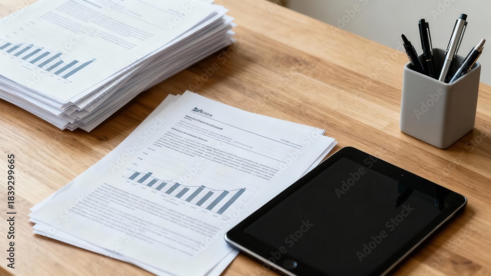 Obraz premium Stacked business reports featuring financial bar charts and a black screen digital tablet placed on a smooth wooden office desk.