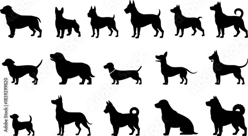 Collection of black dog silhouettes in various breeds and poses canine animal