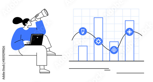 Woman sitting with telescope and laptop analyzing bar and line graph monitored with icons. Ideal for analytics, strategy, research, data trends, forecasting, visualization, investment. Clean simple