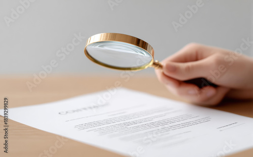 Close up of hand holding magnifying glass for focused inspection of document. Scrutiny and review of contract for investigation, audit, or legal check