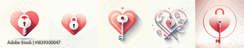 Heart key & lock icon. Valentine's Theme. Vector, minimalist, illustration, icon set.
