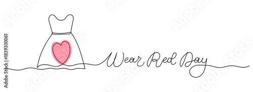 National Wear Red Day banner template. One line art lettering and women's dress with heart. February 2 date holiday vector illustration with hand drawn typography for card poster, brochure, wallpaper