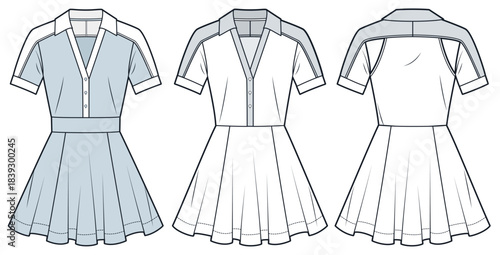 Women Polo Dress with cutout back fashion flat sketch. Jersey mini Dress fashion flat technical drawing template, flared, v neck, front and back view, white, blue, women CAD mockup.