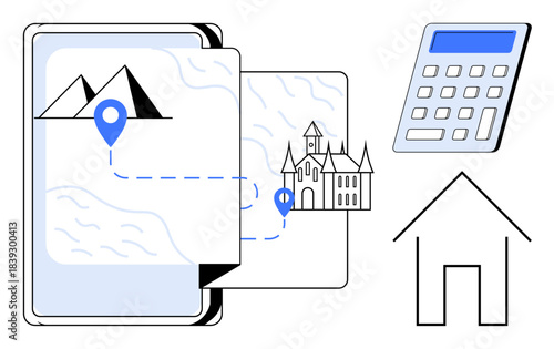 Navigation, travel planning, education, digital tools, real estate, mobile technology. Tablet displaying a map with path, mountain and building icons. Navigation and travel planning concept