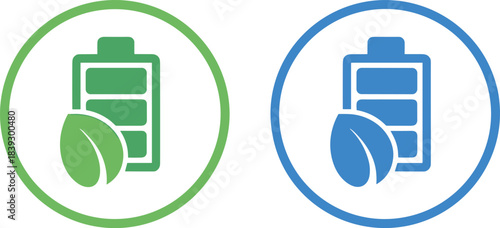 Green and blue battery icons with leaf symbol representing eco-friendly energy and power