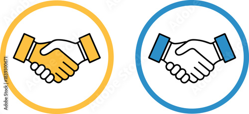 Two handshake icons in circles, one yellow and one blue, representing partnership and agreement