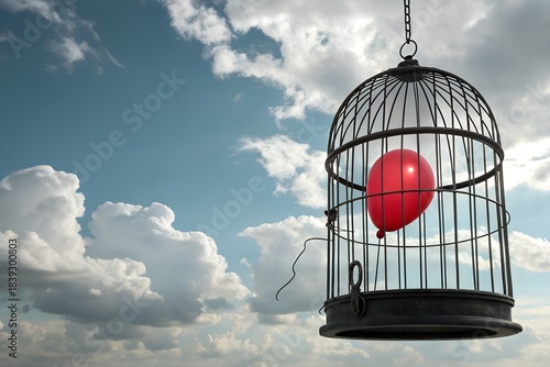 Cage of Freedom: a vibrant red balloon contained within a cage, floating gracefully against a backdrop of a vast, cloud-filled sky, sparking curiosity and introspection. 