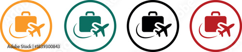 Set of four colorful icons representing travel, including a suitcase and airplane in yellow, green, black, and red