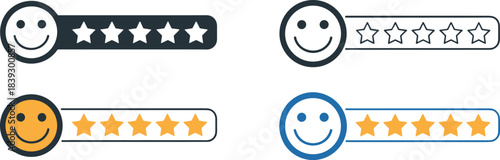 Customer satisfaction rating icons with smiley faces and star scales, vector illustration.