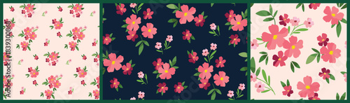 Seamless floral pattern, liberty ditsy print in a watercolor motif. Cute botanical design collection of hand drawn simple plants, small red flowers, tiny green leaves, delicate bouquets. Vector.