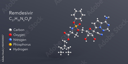 Fototapeta Naklejka Na Ścianę i Meble -  remdesivir molecule 3d rendering, flat molecular structure with chemical formula and atoms color coding