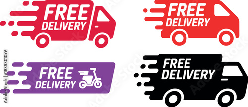 Free delivery icons featuring trucks free delivery, delivery icon, and scooter in red, purple, and black colors.