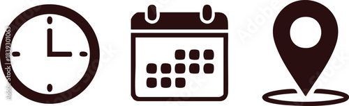 Time, date, and location essential icons set: simple flat clock, calendar, and map pin silhouettes for planning and events