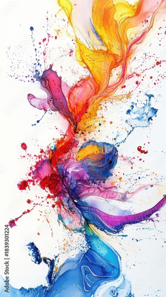 Obraz premium Watercolor abstract stocks movement swirling lines and splashes forming organic chart shapes vibrant edges depicting rapid trading rhythm and energy.