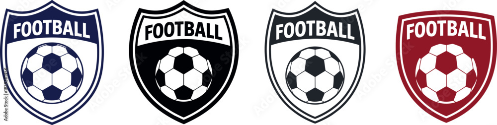Fototapeta premium Set of four football crests with soccer ball icons in blue, black, white, and red colors