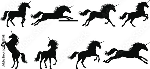 Mythical unicorn silhouettes vector set, various running, rearing, and leaping poses, fantasy animal illustrations, magical horned horse, fairytale creature graphics, isolated.